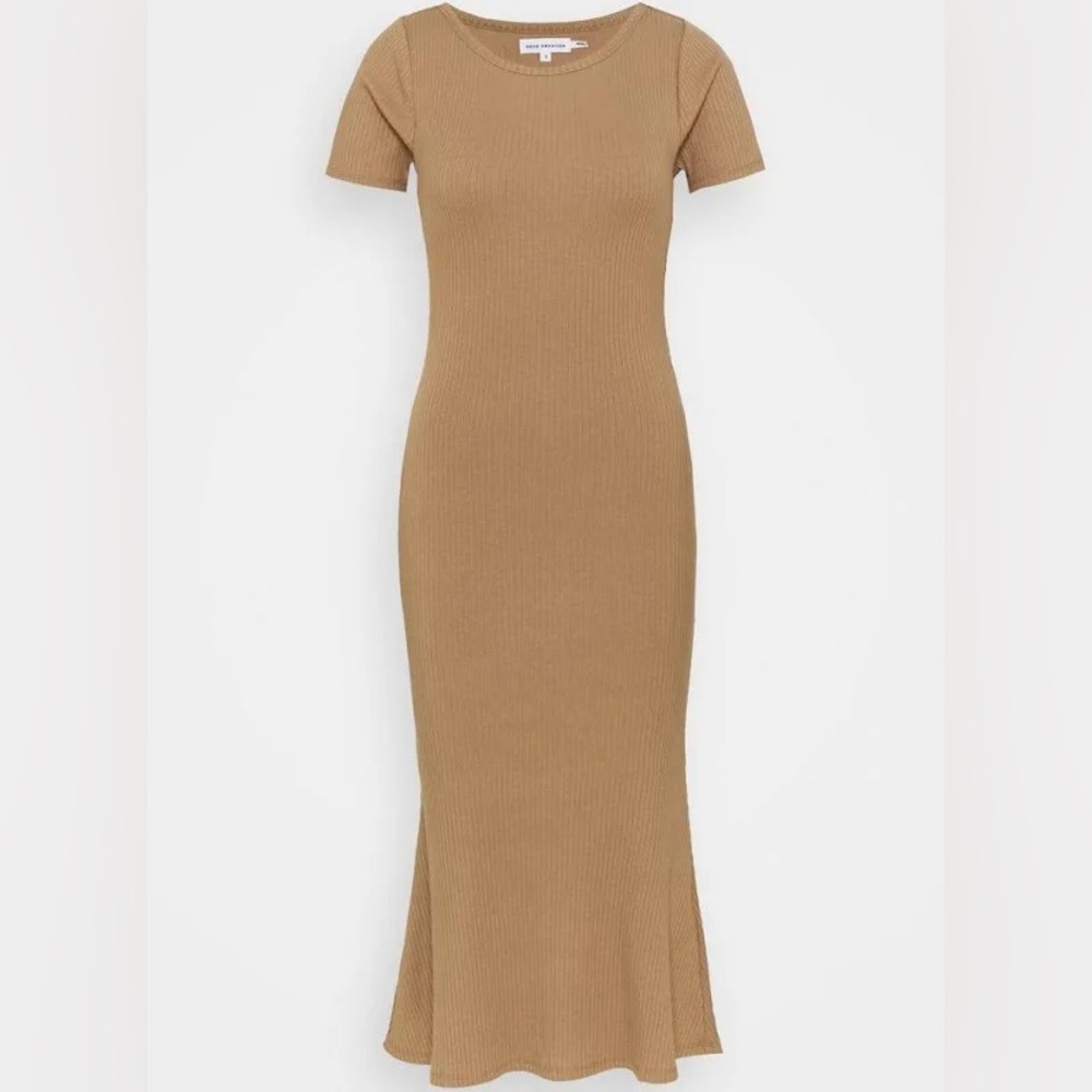 GOOD AMERICAN size 4 XL Shirt Sleeve Ribbed Flare Hem Midi Dress Tan Lined - Picture 3 of 6